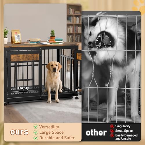 XL Dog Crate Furniture (Rustic Brown & Black / Extra Large Size: 48 x 30.3 x 33 inch)