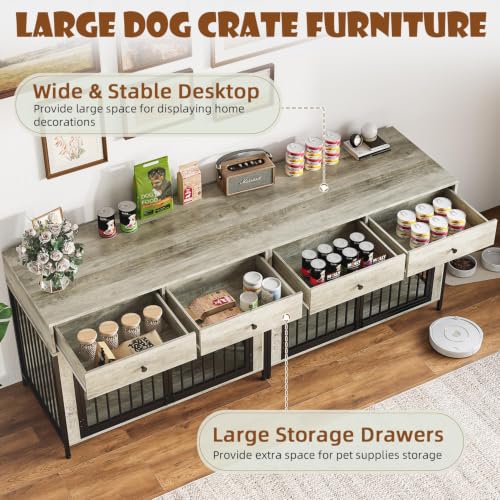 44 Inch Large Dog Crate Furniture with Storage Drawers (New Grey / 89"L x 23.6"W x 34.5"H)