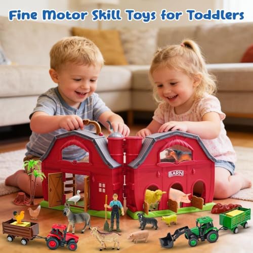 Farm Animals Big Red Barn Toy with Tractors Fence for Toddlers 1 (Farm Barn Playset)
