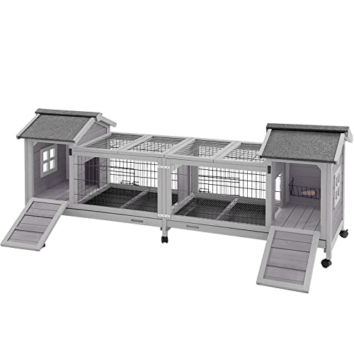 Rabbit Hutch Bunny Cage with Double House and Run Indoor Outdoor Guinea Pig House with Deeper No Leak Trays and Wheels