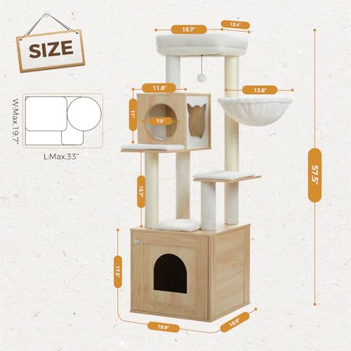 57.5" Cat Tree with Litter Box Enclosure (Beige / XL(18.9"L x 18.9"W x 57.5"H))