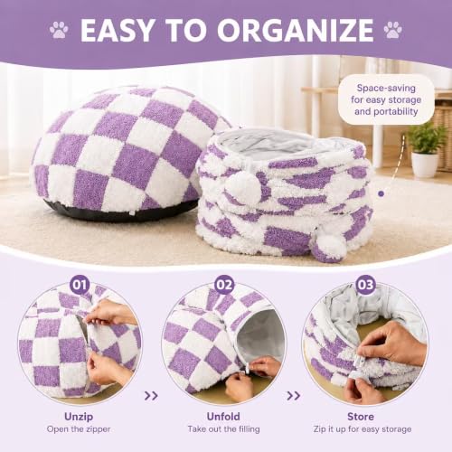 Cat Tunnel Bed with Washable Cushion for Indoor Cat (Purple)
