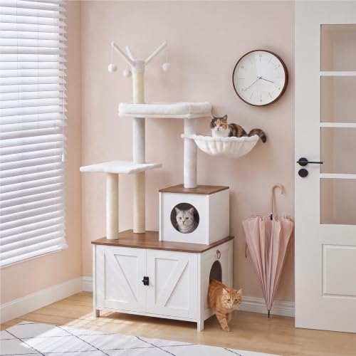 Cat Tree with Litter Box Enclosure for Indoor (White + Walnut)
