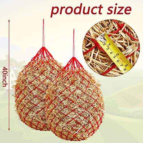 4 Pcs Slow Feed Hay Net Feeder Hay Bag for Horses Slow Feeder 40 Inch Length with 2 Inch Holes Hanging Horse Feed Net for Goat Cattle Equine Stalls Barn Supplies (Red)