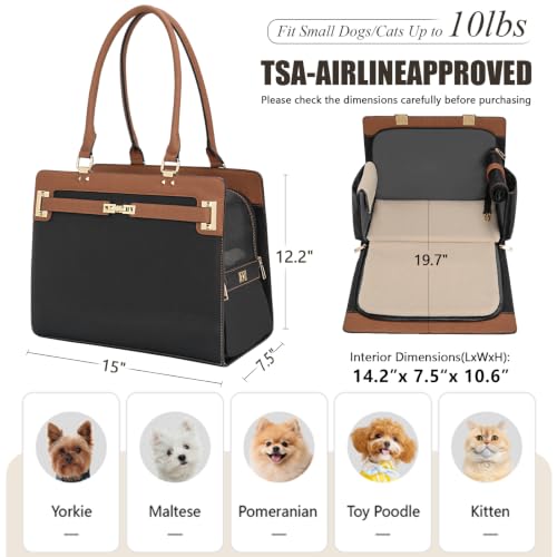 2-in-1 Stylish Dog Purse Carrier Soft-Sided Carriers Travel Tote Bag for Small Dogs Cats, Fashion Foldable Pet Bag for Puppies Small Animals with Pockets (Black+Brown, 15" L x 7.5" W x 12.2" H) (Black+Brown / 15" L x 7.5" W x 12.2" H)