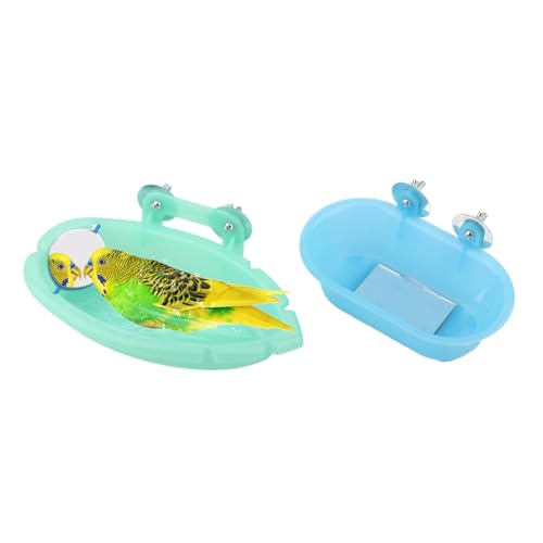 Bird Bath with Mirror for Small Birds Budgie Parakeet Cage (Blue(B)+Green)