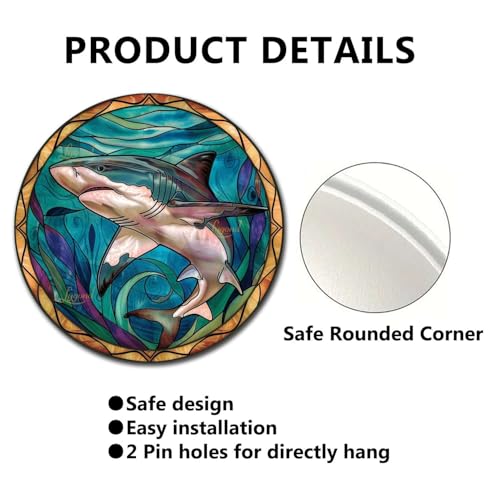 Metal Sign Tin Sign Circular Stained Glass Shark Decor Outdoor for Patio 12×12 Inches (12×12 Inches / Shark-1)