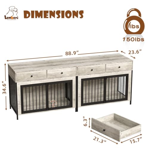 44 Inch Large Dog Crate Furniture with Storage Drawers (New Grey / 89"L x 23.6"W x 34.5"H)