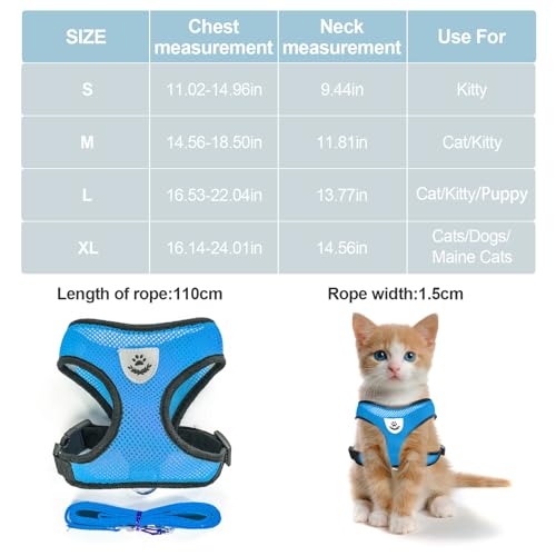Sky Blue Green Cat Harness and Leash Set (sky blue / L：(Neck:13.77" chest:16.53"-22.04"))