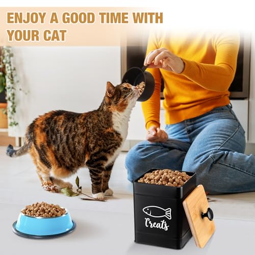 Metal Airtight Cat Food Containers Set of 3 with Bamboo Lids and Spoon 7+3+2 Lbs Cat Treat Storage Container Countertop with DIY Labels Pet Cookie Organizer Jars for Kitchen Counter (Black)