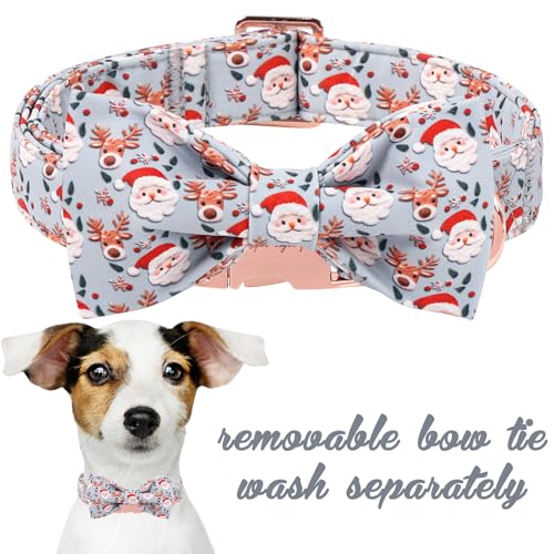 Christmas Dog Collar with Bow Elk Christmas Man Cotton Puppy Collars for Small Medium Large Dogs (Extra Small / Elk Old Man)
