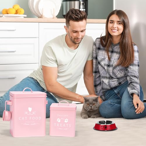 Farmhouse Cat Food and Treats Containers + Feed Scoop + Pet Food Bowl (Pink)