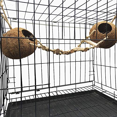 5PCS Bird Hides Coconut Nest with Ladder Perches Hanging Parrot House Cage Natural Coconut Fiber Parakeet Chewing Toys Intelligence Training Rings for Small Budgies Cockatiels