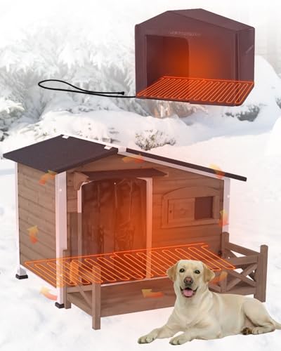 Heated Dog House Outdoor with Proch Weatherproof Dog Kennel with Heating Pad Anti