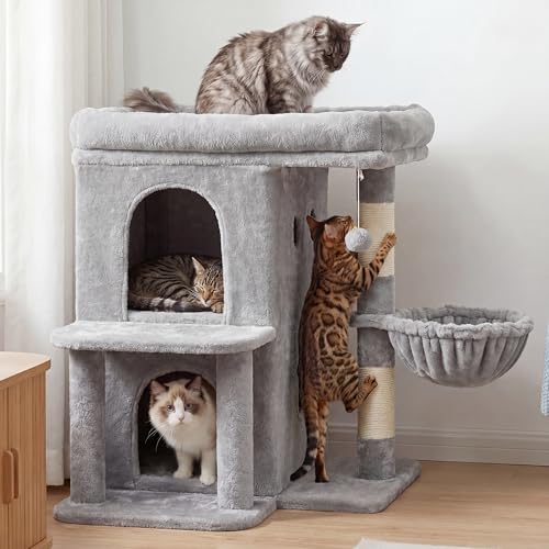 26.3" Cat Tree for Large Cats with Big Perch & Dual Condos HCT204SW (Light Gray / 26.3 inch)