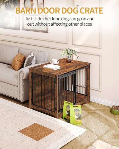 39.3" L Dog Crate Furniture Indoor Dog Kennel with Barn Door (Rustic Brown / 39.3"L x 23.6"W x 26.8"H)