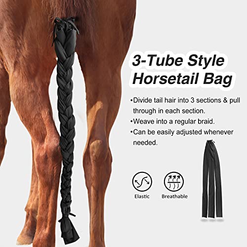 3 Tube Stretchy Fabrics Adjustable Closure Lightweight Horse Tail Bag for Horses Braid (Black)