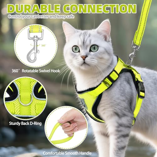 Cat Harness and Leash Set Escape Proof Reflective Cat Walking Harness Adjustable Soft Breathable Mesh Vest for Small Pets (S (NECK 9.5"-11", CHEST 13"-16") / Fluorescent Yellow)