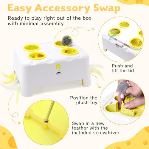 Interactive Cat Feather Toy Cheese Box 3in1 Whack a Mole (White)