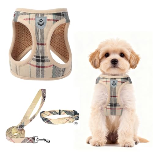 Dog Harness Collar and Leash Set No Pull for Small Medium Sized (Beige / S (CHEST 14.5"-16"))