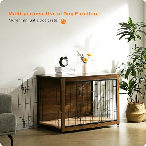 38.5" XL Dog Crate Furniture with Cushion (Warm Brown / 38.5"L x 25.6"W x 26.8"H)