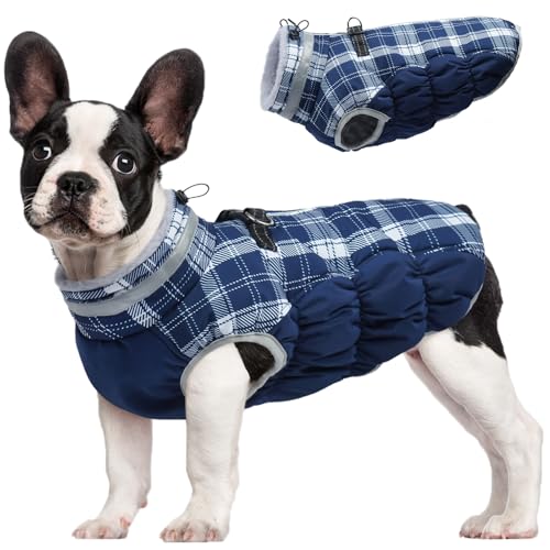 Dog Cold Weather Coats Reflective Dog Warm Jacket with Harness (Blue Plaid / XS(chest:14in))
