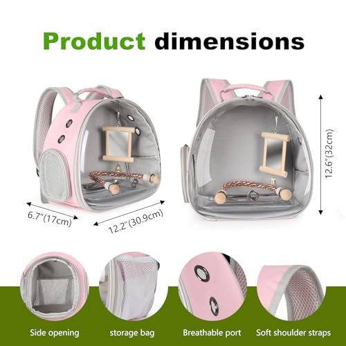 Portable Parrot Travel Cage Carrier with Mirror Standing Toy Set Small Bird Parakeet Bag with Standing Perch Bird Carry Transport Bag (Pink / 12.0"L x 8.0"W x 12.0"H)