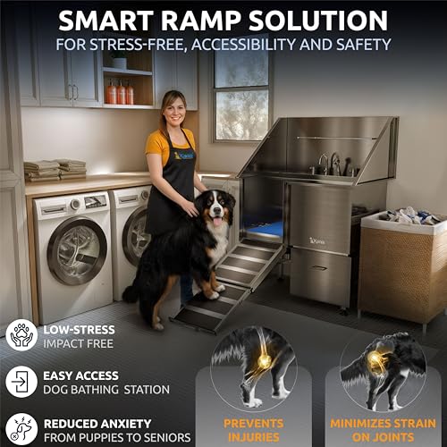 Professional Dog Washing Station 304 Stainless Steel Pet Wash Sink (Silver, Left Ramp, 1 Drawer / 40 Inches)