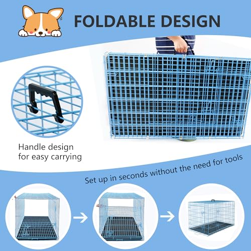 30 inch Dog Crate Dog Kennel Cage with Double Door Folding Metal Wire Dog Cage with Removable Tray&Divider Panel (Blue / 30.0"L x 18.0"W x 20.0"H)