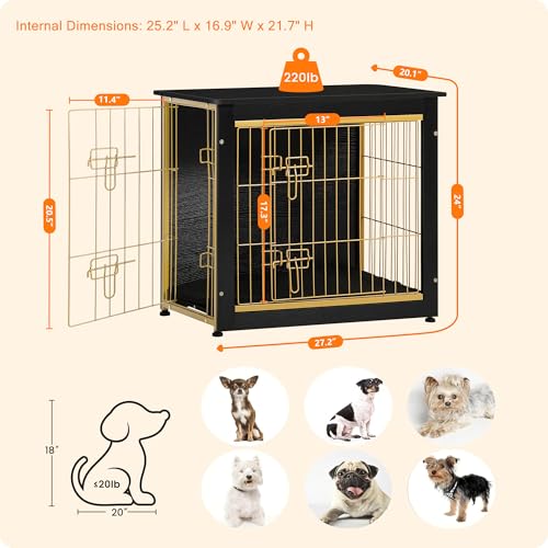 27" Dog Crate Furniture (Black+Gold / 27.2"L x 20.1"W x 23.6"H)