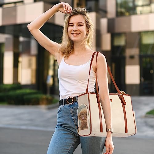 Fashion Dog Purse Pet Carrier Leather Bag for Small Dogs Cats Puppy (Beige)