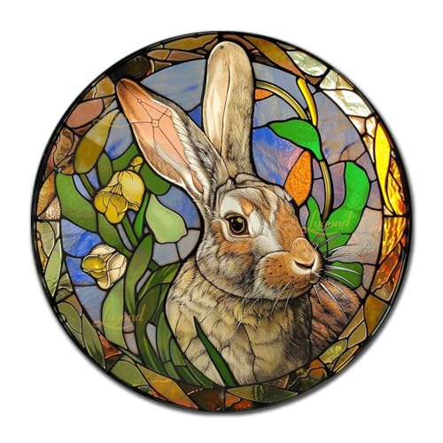 Metal Sign Tin Sign Circular Stained Glass Rabbit Metal Garden Sign for Pet 12×12 Inches (12×12 Inches / Rabbit)