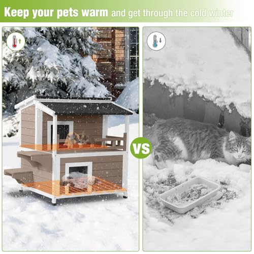 Heated Cat House Outdoor 2 Story Insulated Liner Feral Cat Shelter Weatherproof for Outside with Heated Pad（Brown）