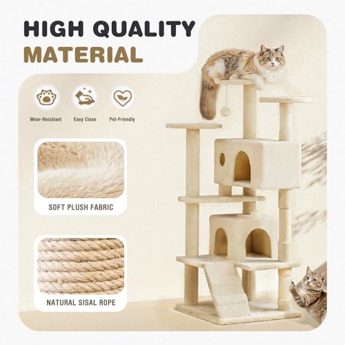 54 Inch Cat Tree Tower with Natural Sisal Scratching Post (Cream / 54"×19.7"×19.7")
