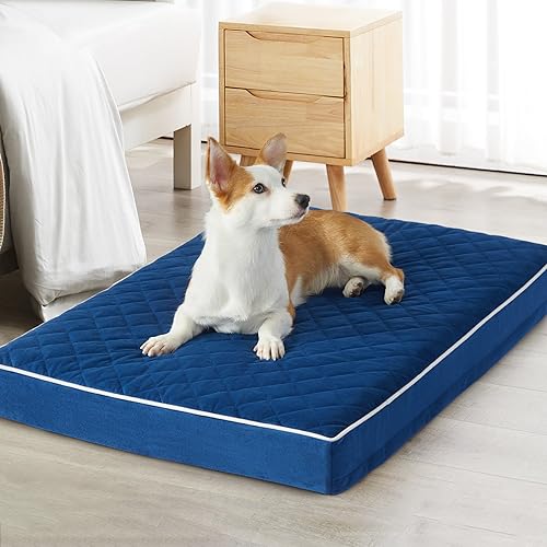 Orthopedic Waterproof Large Dog Bed for Crate Cozy Sleep (Blue / 35"L x 22"W x 3"Th)