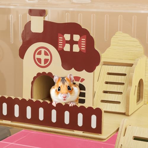 8 in 1 Clear Acrylic Hamster Cage with All Accessories (13.4"L x 10.2"W x 12.6"H / Pink)
