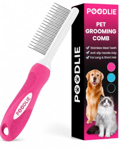 Poodle Pet Detangling Pet Comb with Long & Short Stainless Steel Teeth for Removing Matted Fur (Pink / Detangling Pet Comb)