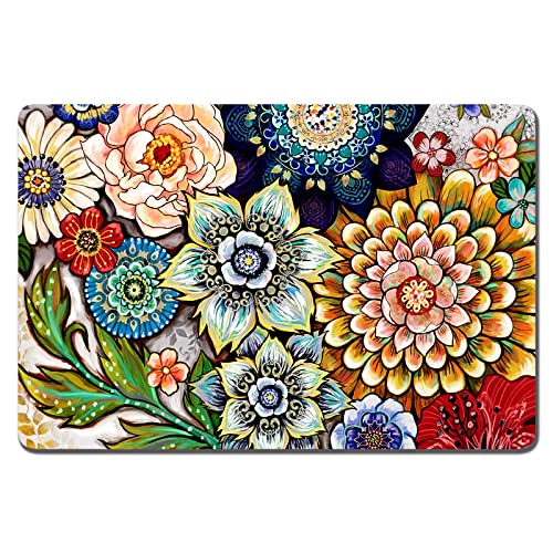 Dog Food Mat 12" x 19" Flower Absorbent Dog Cat Bowl Mat for Food and Water (Colorful Mandala / 19"L x 12"W)
