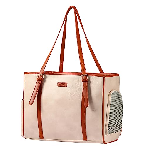Fashion Dog Purse Pet Carrier Leather Bag for Small Dogs Cats Puppy (Beige)