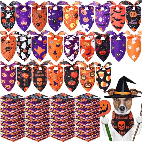 200 Pcs Halloween Dog Bandanas Bulk (Black, Orange, Purple / Halloween)