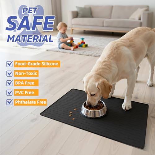 Large Dog Mats for Food and Water (Black / 40"L x 30"W)