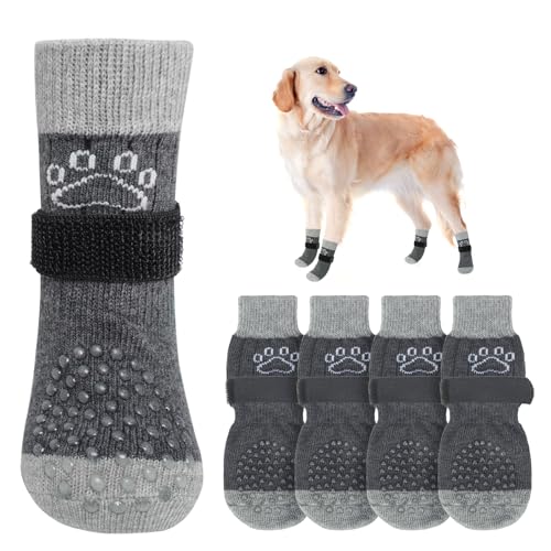 Anti Slip Dog Socks to Prevent Licking Paws for Hardwood Floors (Pearl Paw-Grey / Large (4 Count))