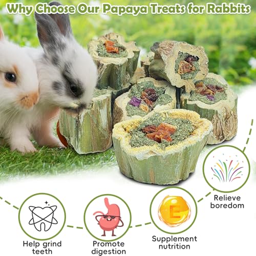 Rabbit Chew Toys Natural Papaya Wood Treats Small Pet Molar Snacks Contain Grass Apple Carrot and Purple Sweet Potato Filling for Bunny Hamsters Guinea Pigs Chinchillas Teeth Grinding