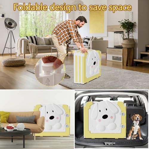 Puppy Play Pen for Indoor with Cute Dog Door (yellow&white / 10 Fence Panels+1 Door)