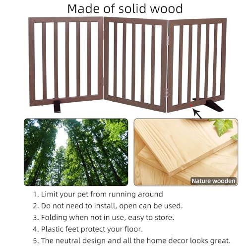Freestanding Indoor Dog Gate for House Foldable Wood Puppy Gate for Doorways Pet Gate for Stairs Extra Wide Pet Fence (Brown / 【3 Panels】60''w x 24''h)