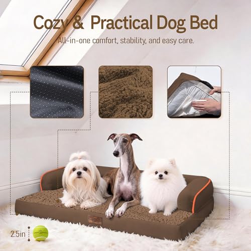 Waterproof XXL Dog Bed with Bolster for Extra Large Dogs (Dark Brown / 45"L x 35"W x 8"Th)