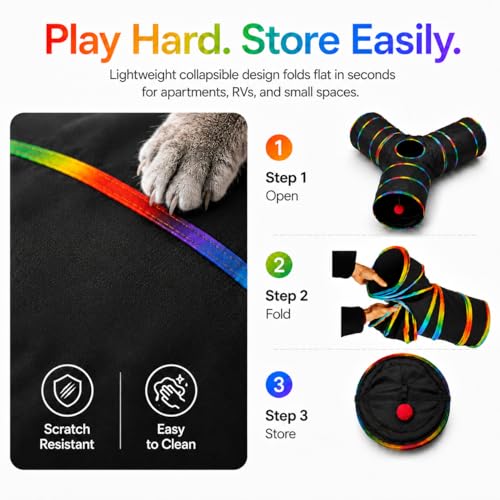 Cat Tunnels Tube Toy with Plush Ball & Cat Wand Feather Toys (1 Pack - 3-Way Tunnel / Black)