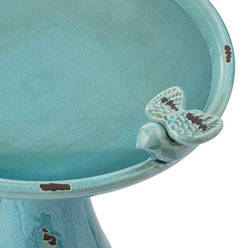 25" Tall Outdoor Ceramic Antique Pedestal Birdbath with 2 Bird Figurines (Turquoise)