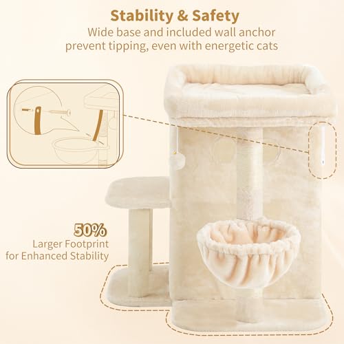 25.6" Cat Tree for Large Cats with Big Perch & Dual Condos HCT204SM (Beige / 25.6 inch)