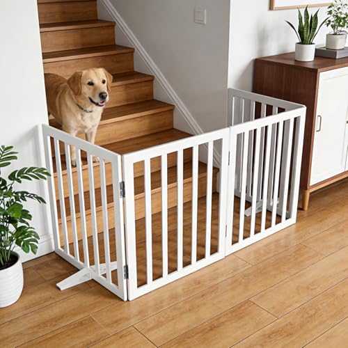 Freestanding Indoor Dog Gate for House Foldable Wood White Puppy Gate for Doorways Pet Gate for Stairs Extra Wide Pet Fence 24" Height 4 Panels (White / 【4 Panels】80''w x 24''h)